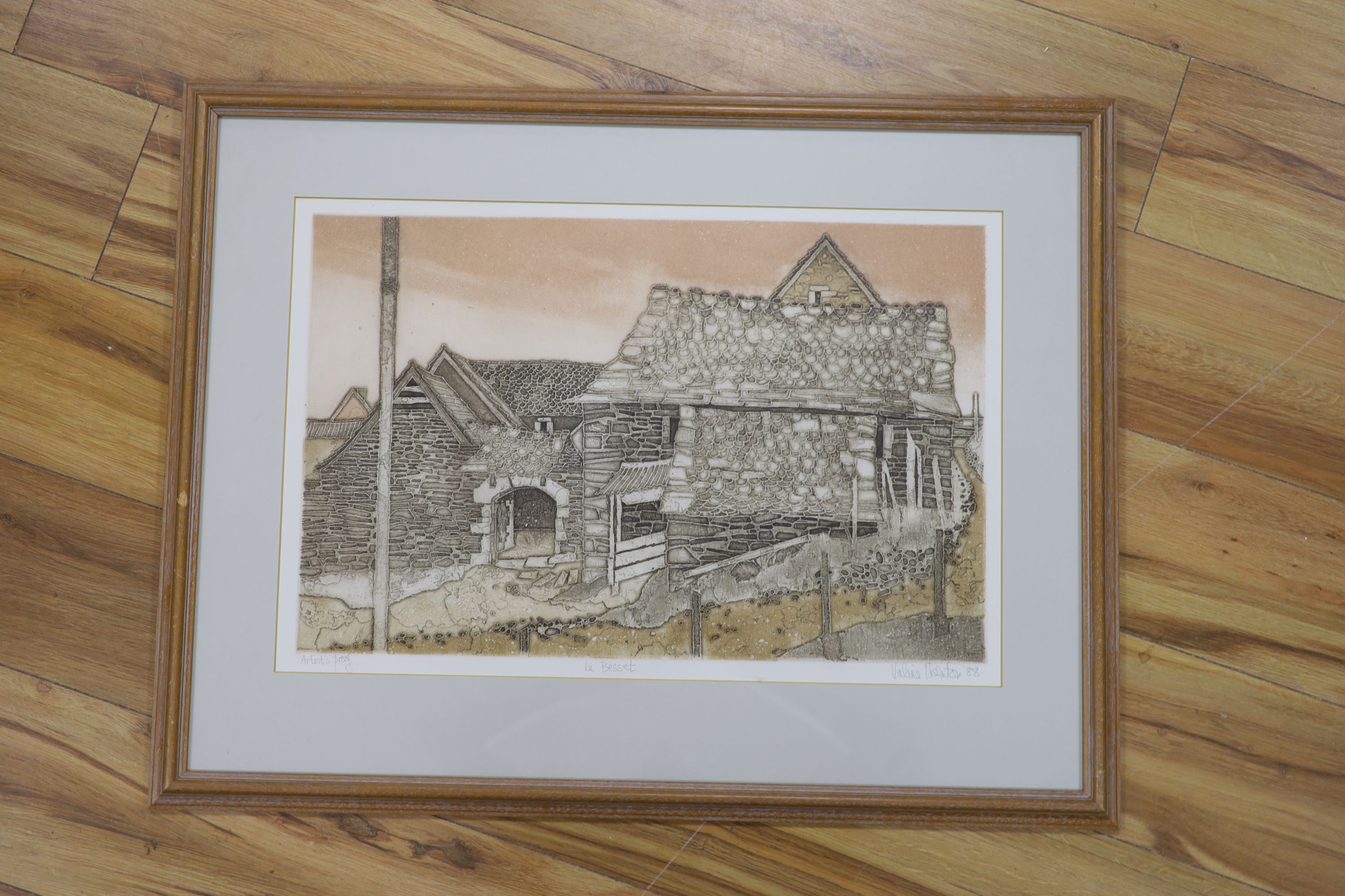 Valerie Thornton, etching, Le Besset, signed and dated '88, 36 x 55cm